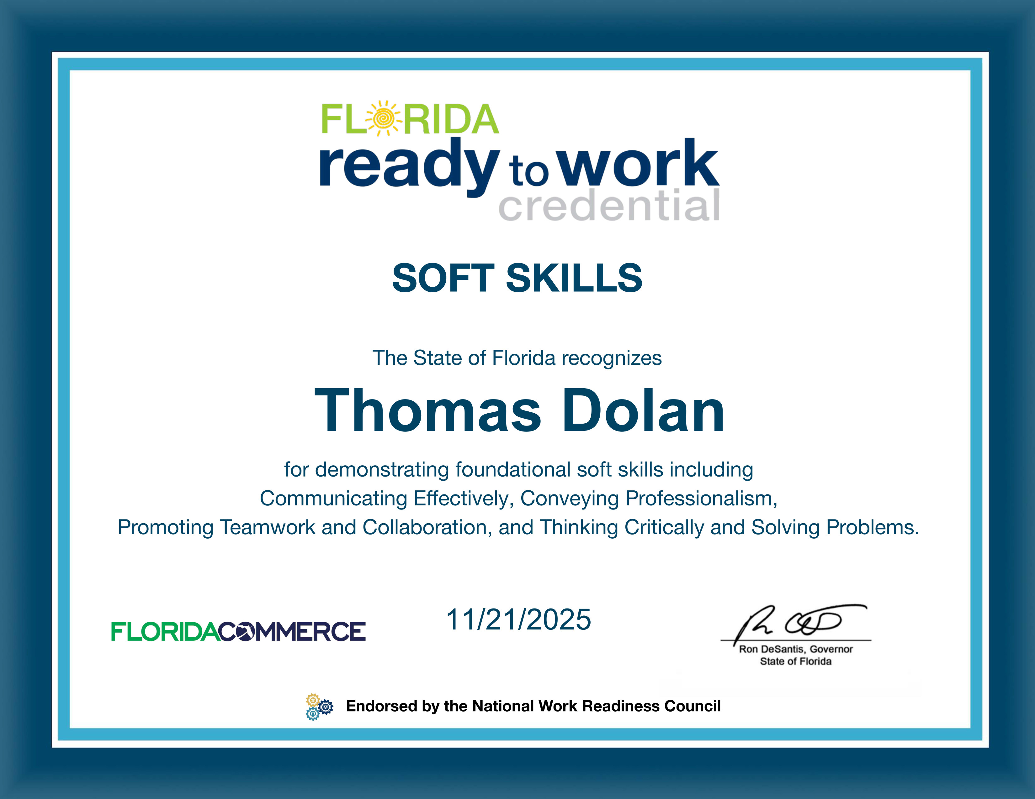 Florida Ready to Work soft skills certificate