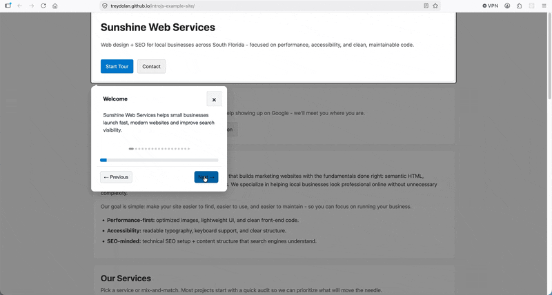 Animated preview of the Intro.js sample site guided walkthrough