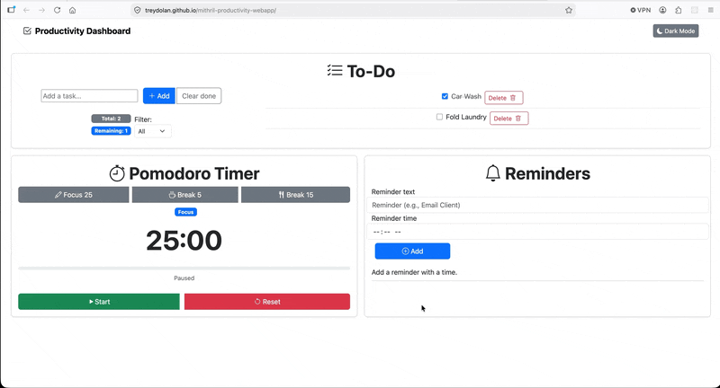 Animated preview of the Mithril.js productivity app task workflow